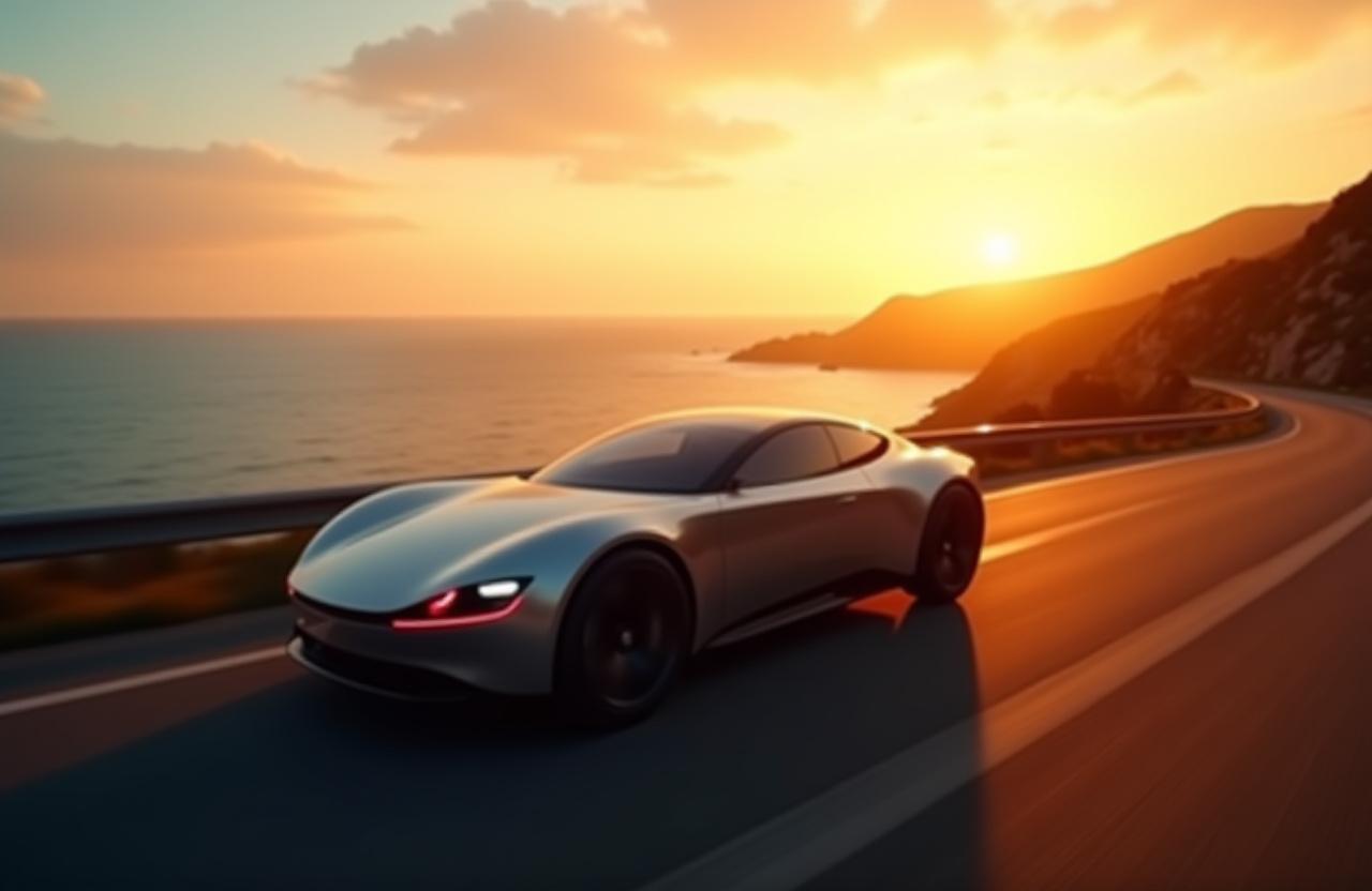 En elegant, lågprofilerad elbil som kör på en slingrande kustväg i gryningen.