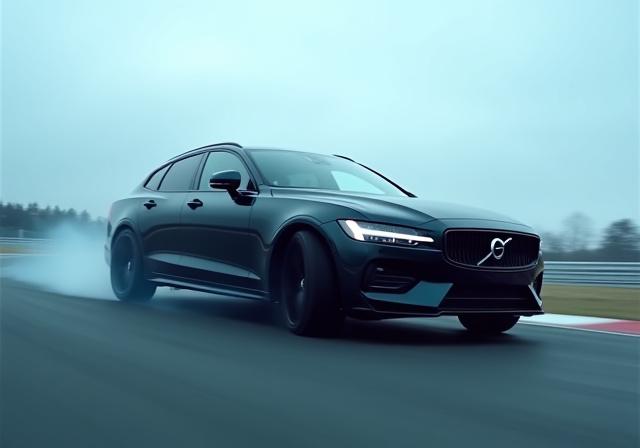 En Polestar 5 i rörelse på en racerbana, som visar dess sportiga linjer.